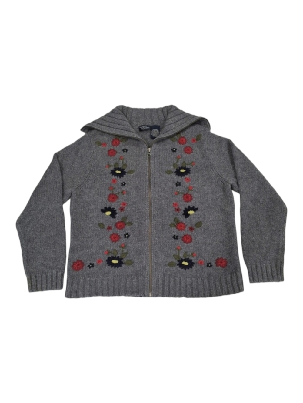 ✨2/$25 Sonoma Jean~Embroidery Floral~Sweater Zip Up~Collar~Grey~Granola~LRG